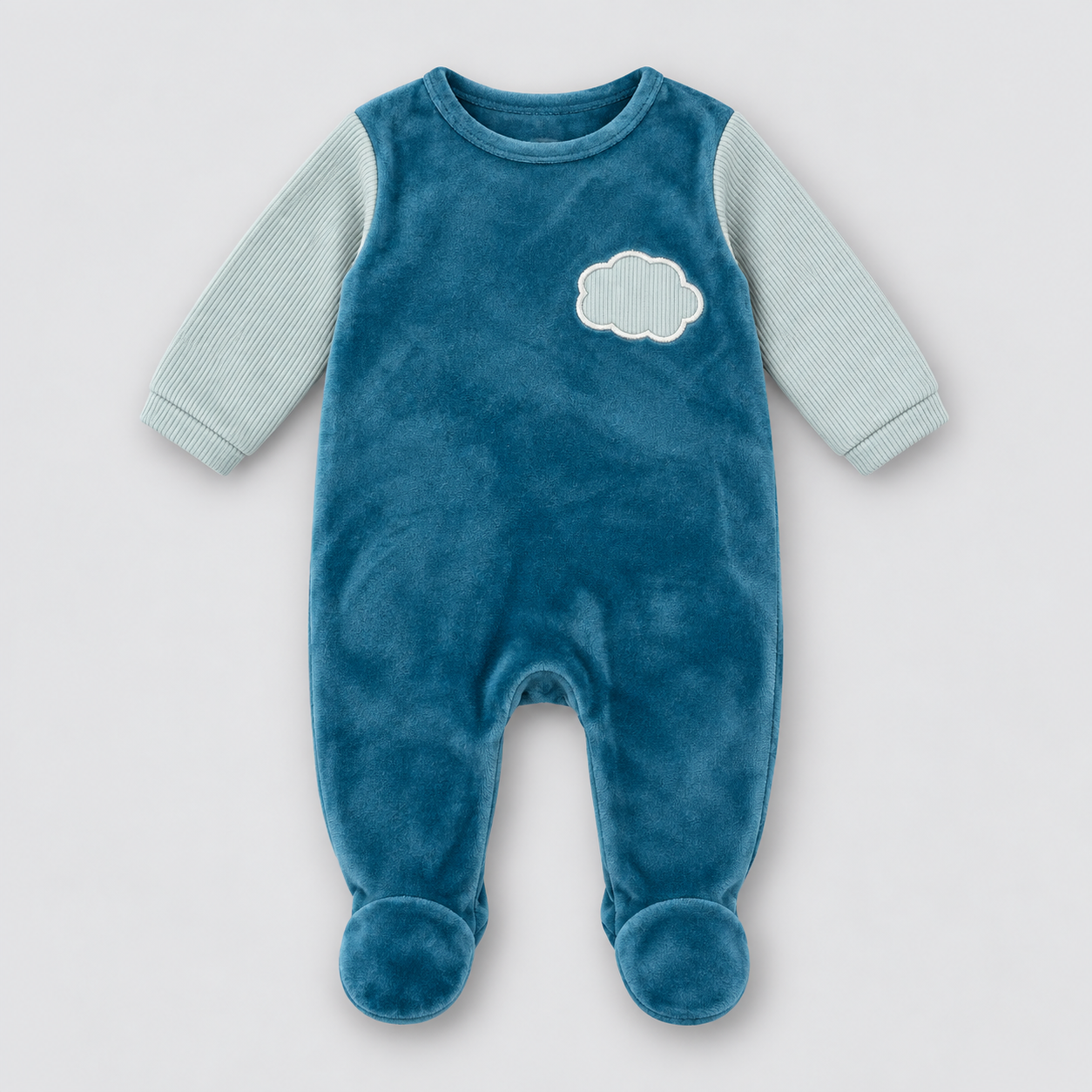 Blue Ribbed Velour Footie