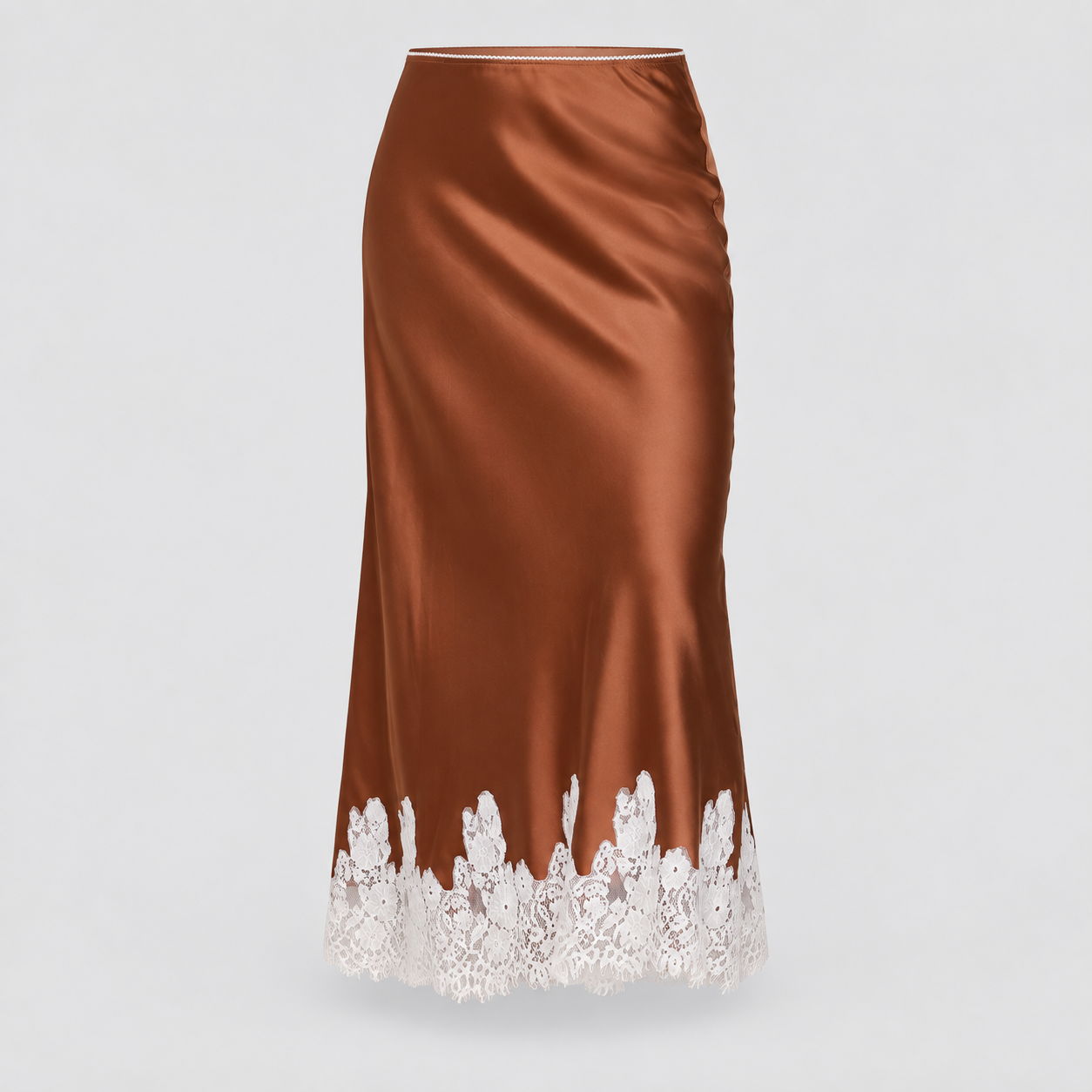 Stretch-Satin Lace-Trim Midi Skirt - Burnt Cinnamon Brown