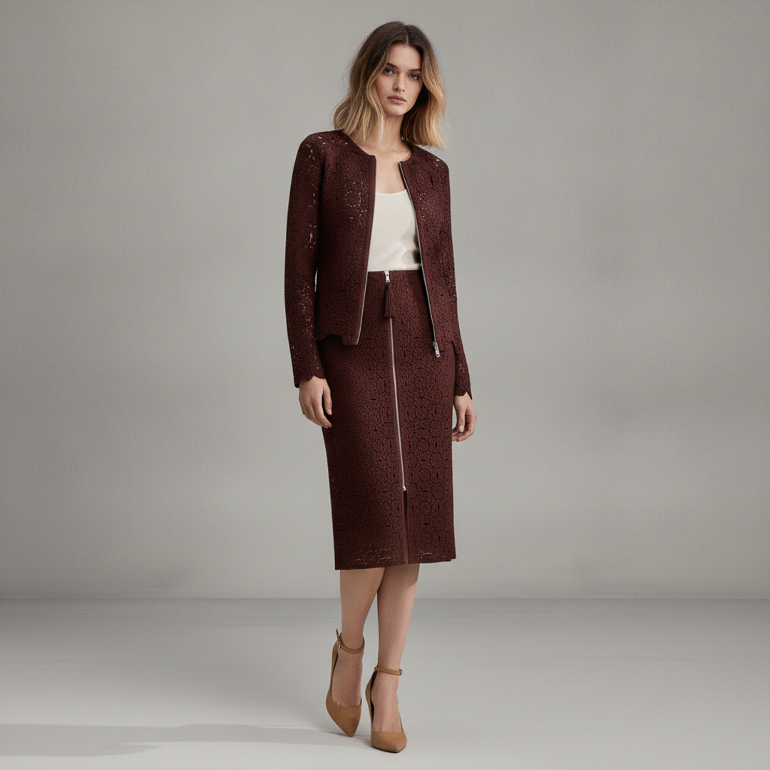 CROCHET-LOOK CARDIGAN + CROCHET-LOOK SKIRT + Priscilla round toe pumps