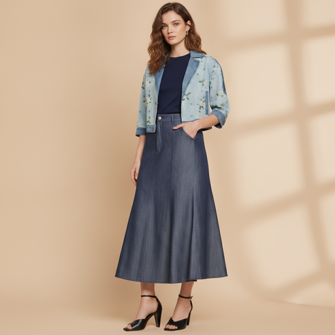 Abardsion Long Sleeve Fitted + SAACHI Beaded Denim Cardigan + DENIM LOOK MIDI SKIRT-USE + Electra Leather Sandal