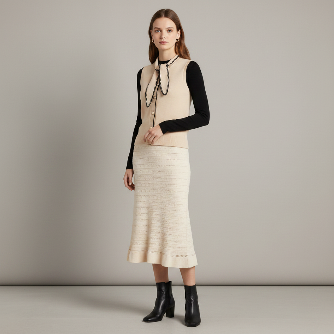 Abardsion Long Sleeve Fitted + Arielle Tie Front Sweater + Ruffle Midi Sweater Skirt