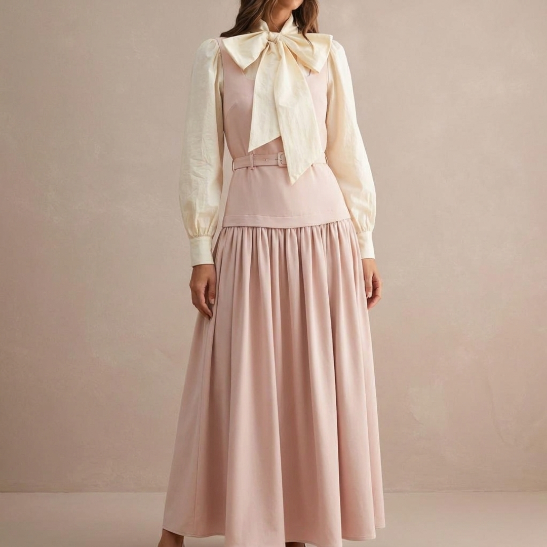 Constance Bow-Neck Blouse + Belted Drop Waist Jumper