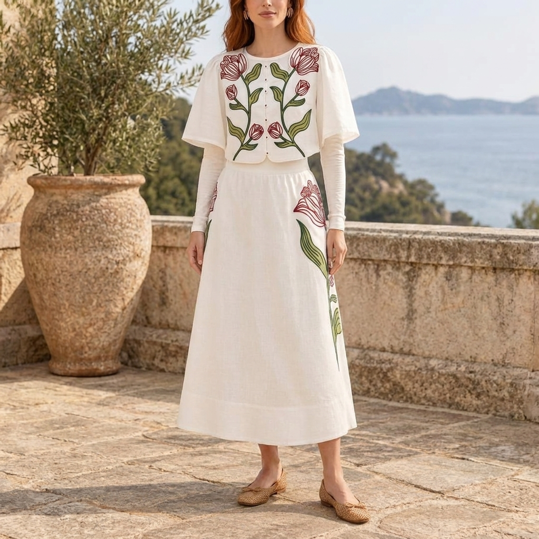 Abardsion Long Sleeve Fitted + Off-White Flower Embroidered Crop + Off-White Flower Embroidered Midi