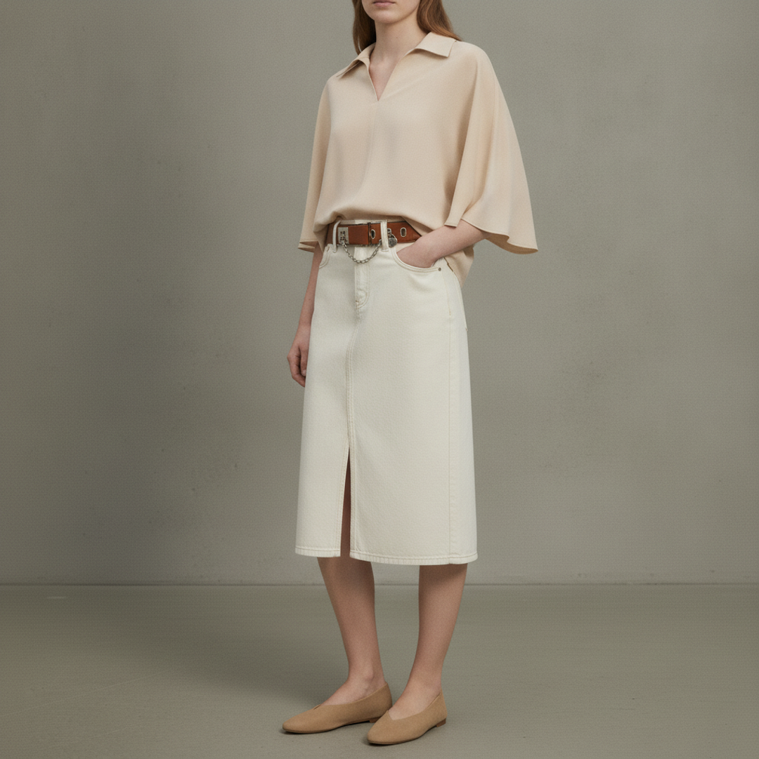 Oversized three-quarter sleeve shirt + High Rise Denim Skirt + Lauren Ralph Lauren Leather