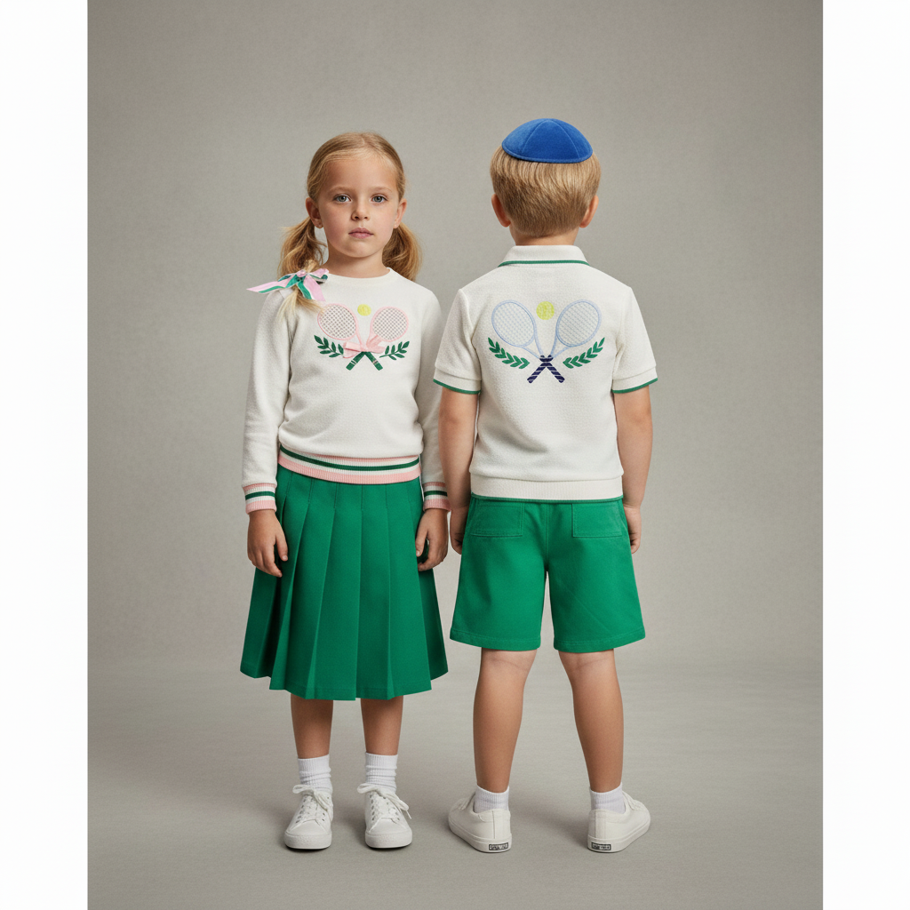 blond girl in long sleeve tennis shirt with midi green mathcing pleated skirt and boy in short sleeve tennis polo with khaki shorts facing backwards