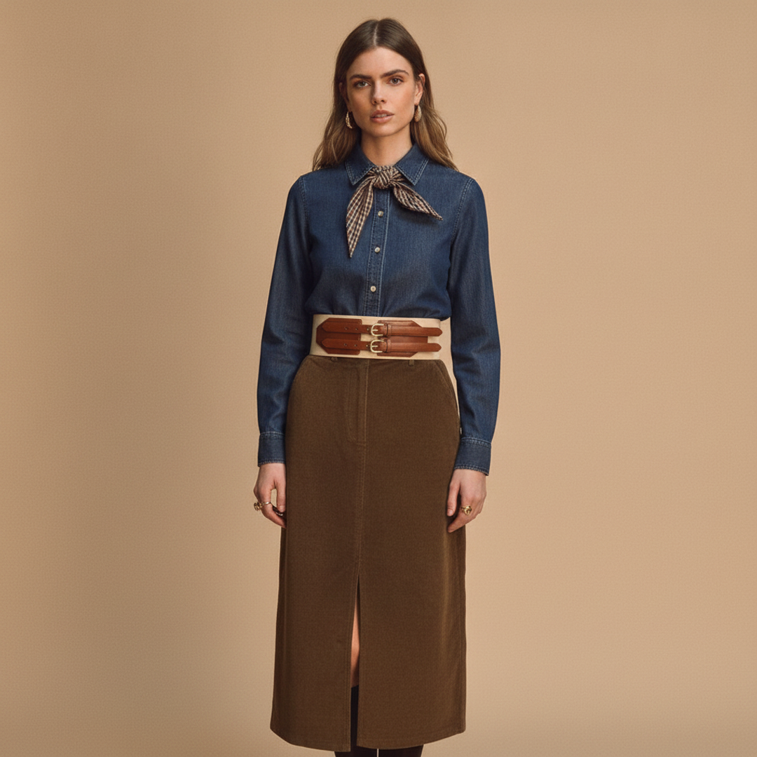 Denim shirt with scarf + Rielle Corduroy Pencil Skirt + Double Buckle Stretch Belt