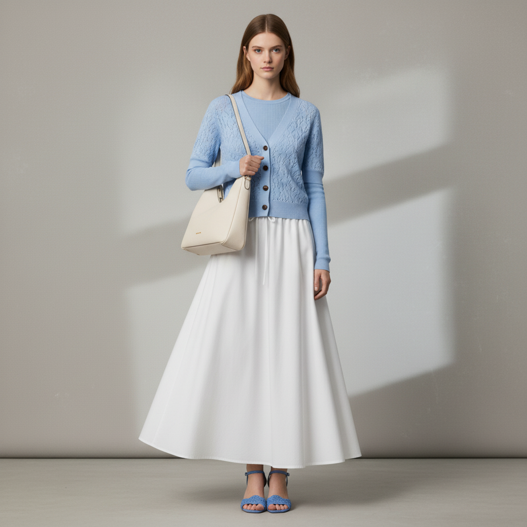 ANRABESS Women's Long Sleeve + Pointelle Sweater Cardigan + Women's White Cotton Poplin + Heeled Sandals + Nayla Medium Pebbled Leather