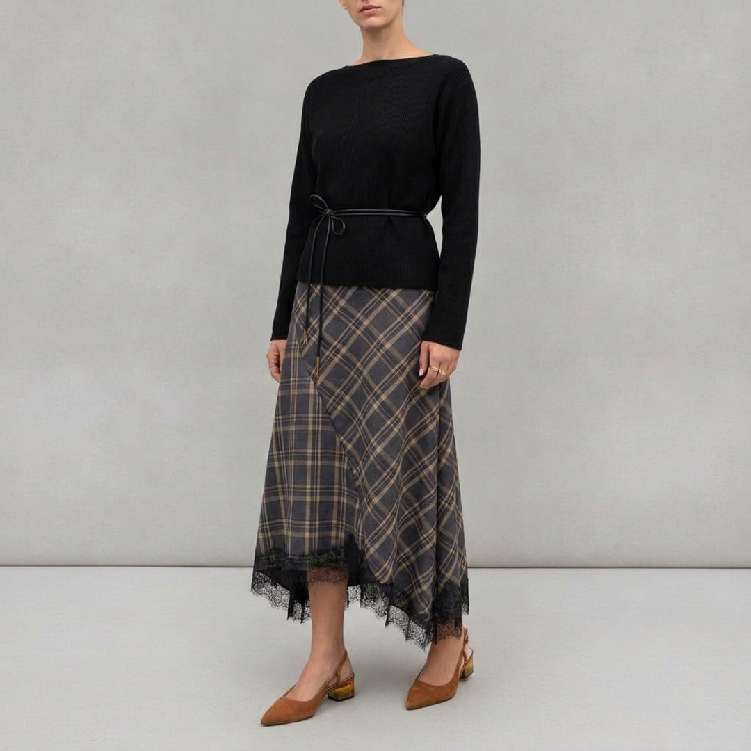 Belted Rib-Knit Sweater — + Roseseek Plaid Long Midi + Franco Sarto Amelie Slingback