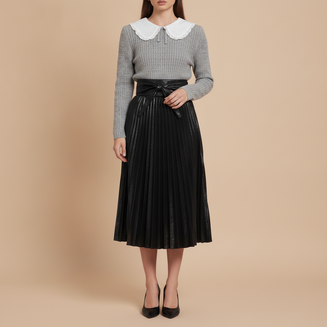 Bobbi Collared Sweater in + Laurel Shine Midi Skirt + Faux Leather Tie Waist