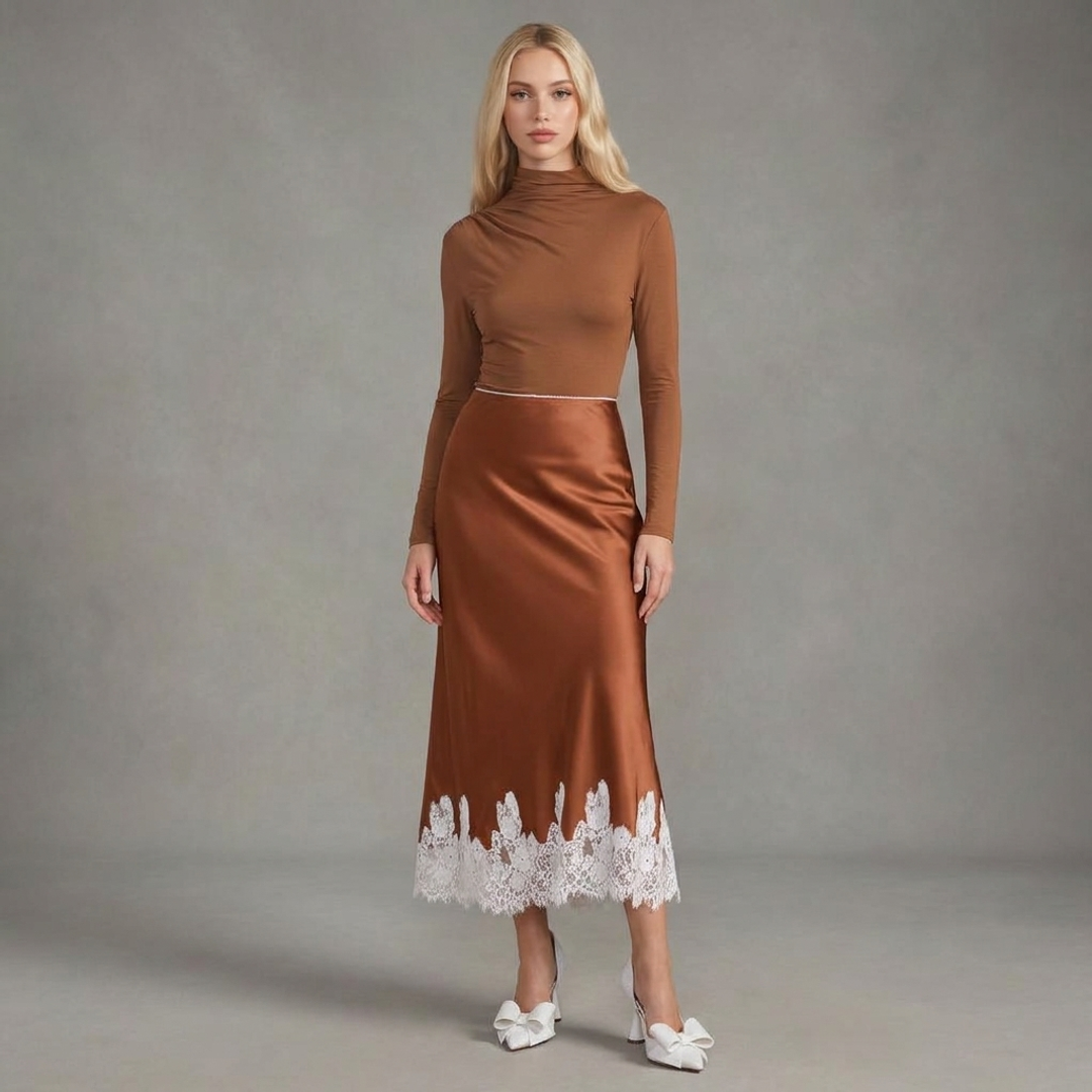 PO TOP IN CINNAMON + Stretch-Satin Lace-Trim Midi Skirt + Kyliee Half d'Orsay Pointed