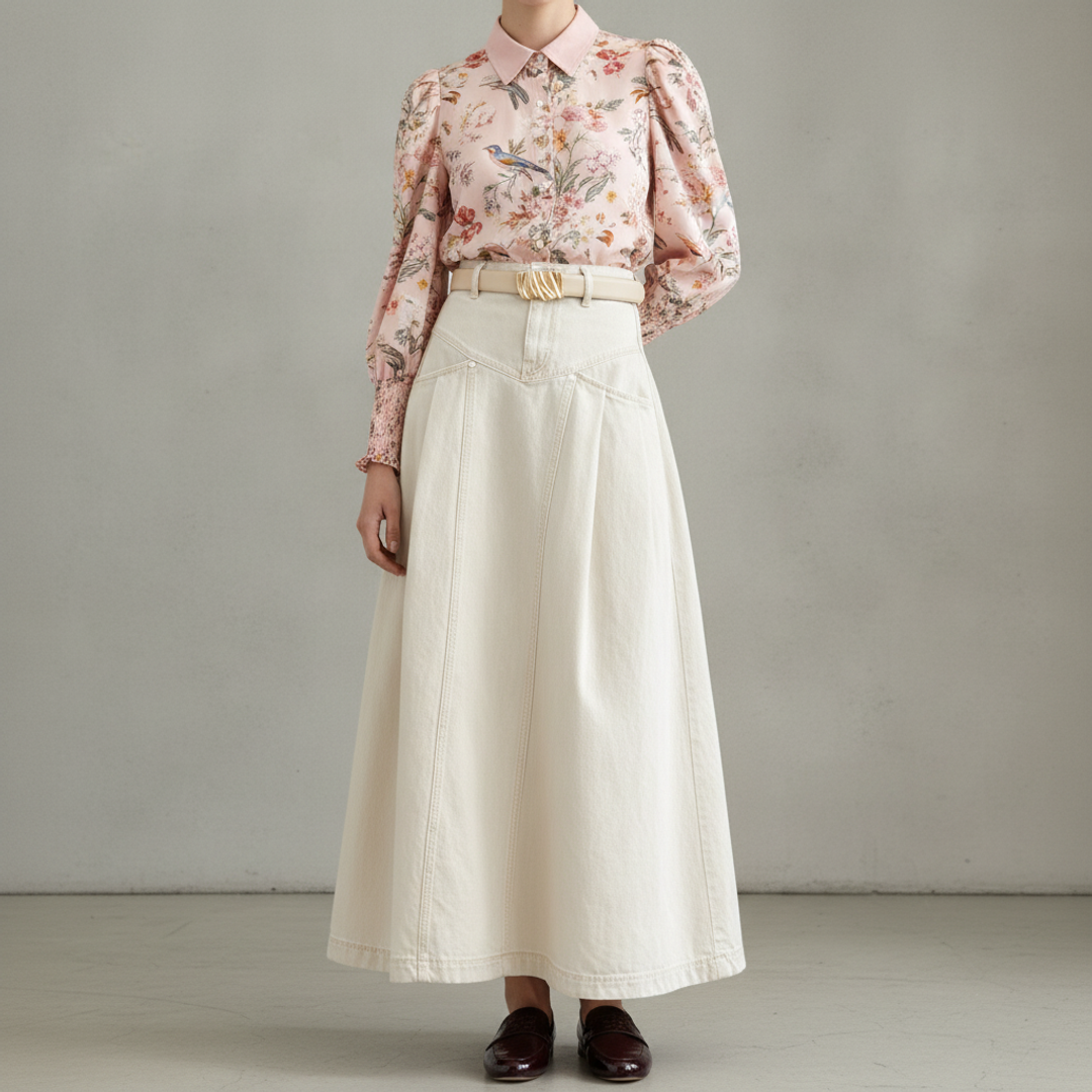 ALICE + OLIVIACharis Floral + Chartou Denim Pleated Long + Mini Everly Patent Loafer + Molded Buckle Leather Belt