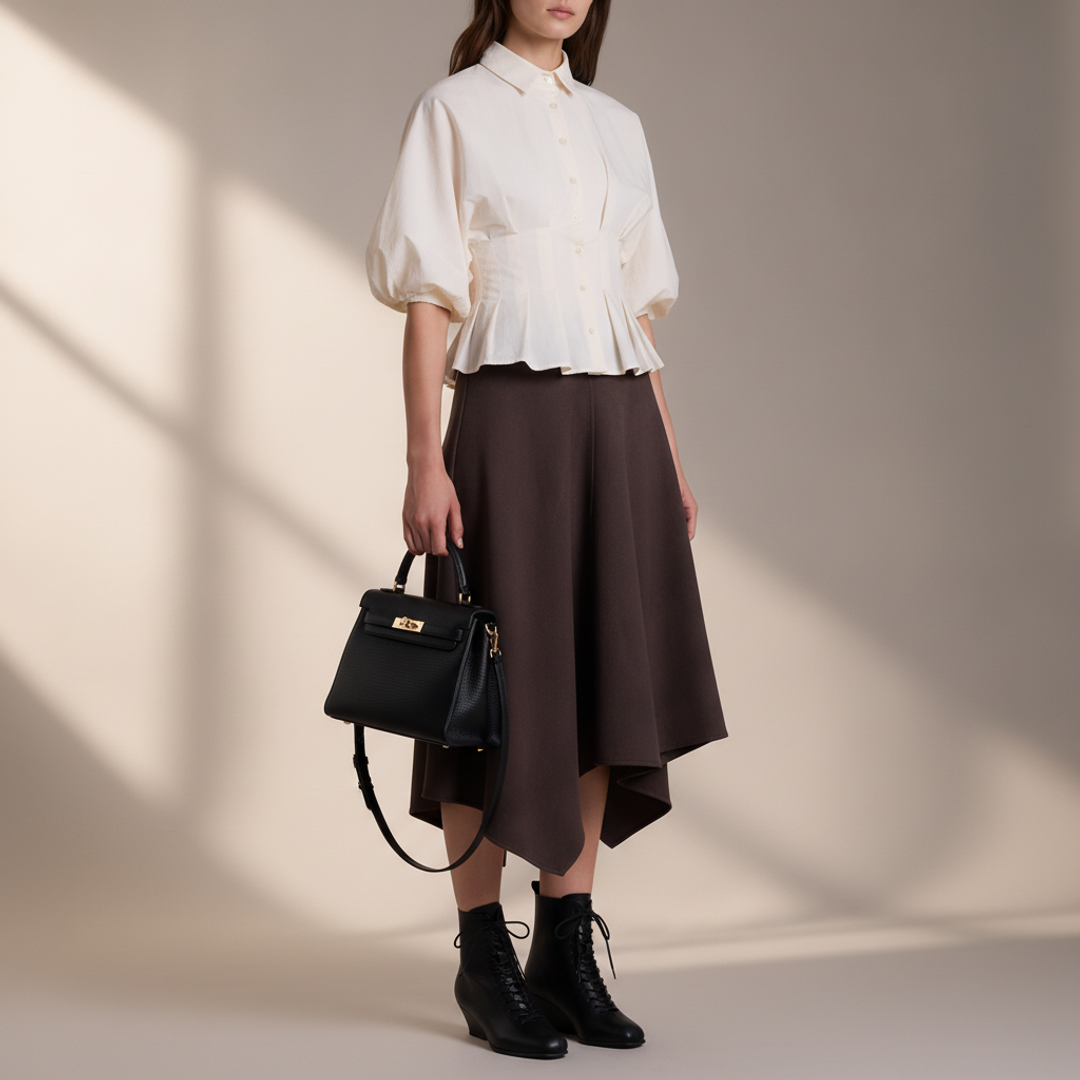 Women's Pleated Button-Front Peplum + Topshop soft touch hanky + Perroquet Black Teen Leather + Persaman New York Allegra