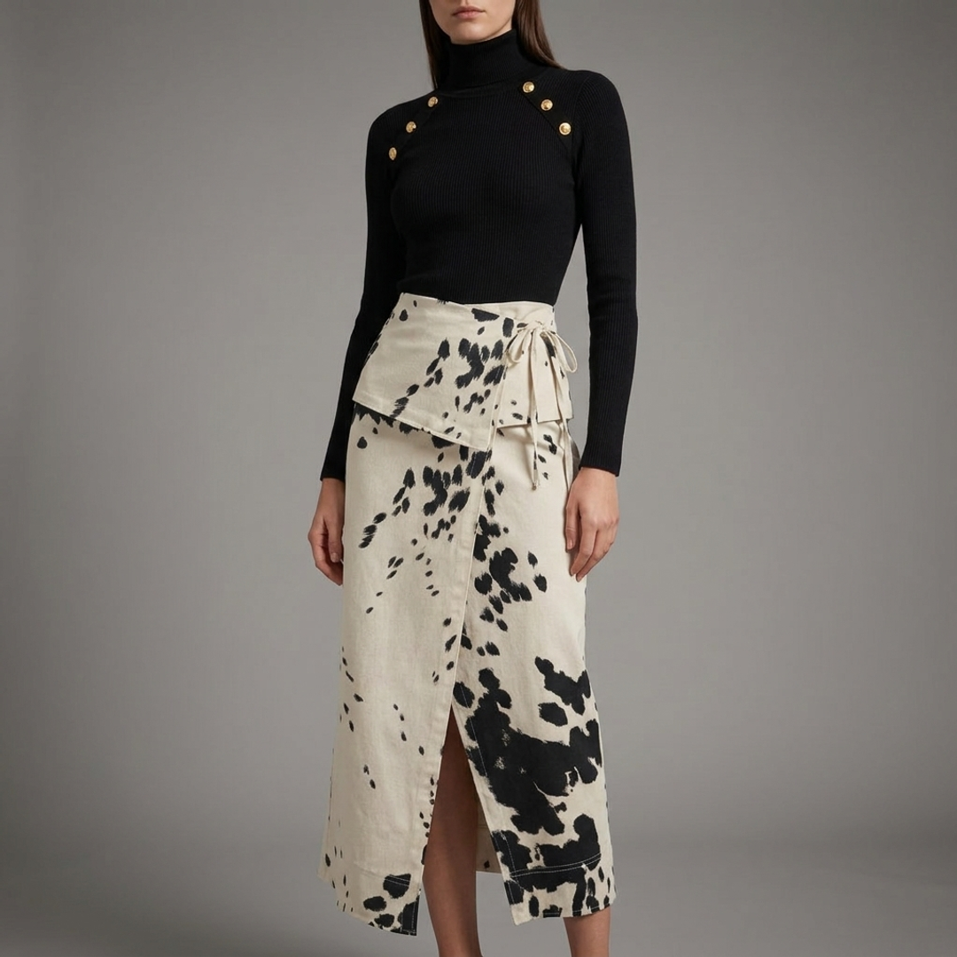 AQUA Button Trim Turtleneck + Topshop Cow-Print Wrap Maxi
