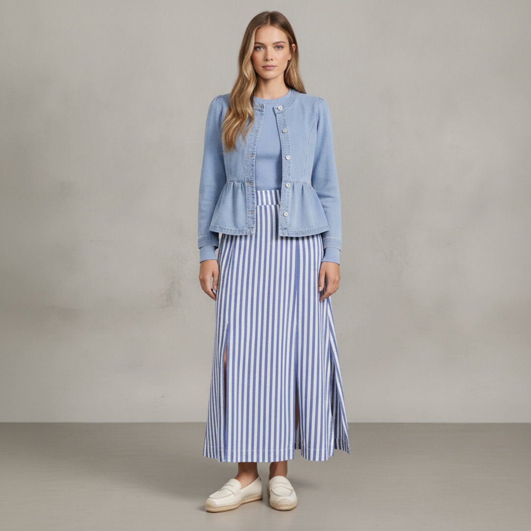 ANRABESS Women's Long Sleeve + Denim Top + StatesidePuckered Stripe Double Slit + Kai Penny Loafer