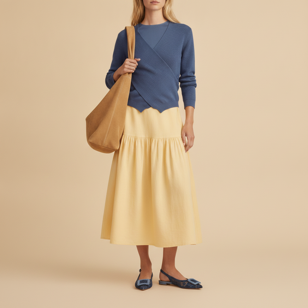 Abardsion Long Sleeve Fitted + FAUX WRAP SWEATER + Linen-Blend Tiered Midi Skirt + Jasser Pointed Toe Slingback + Slouchy Faux-Suede Tote Bag