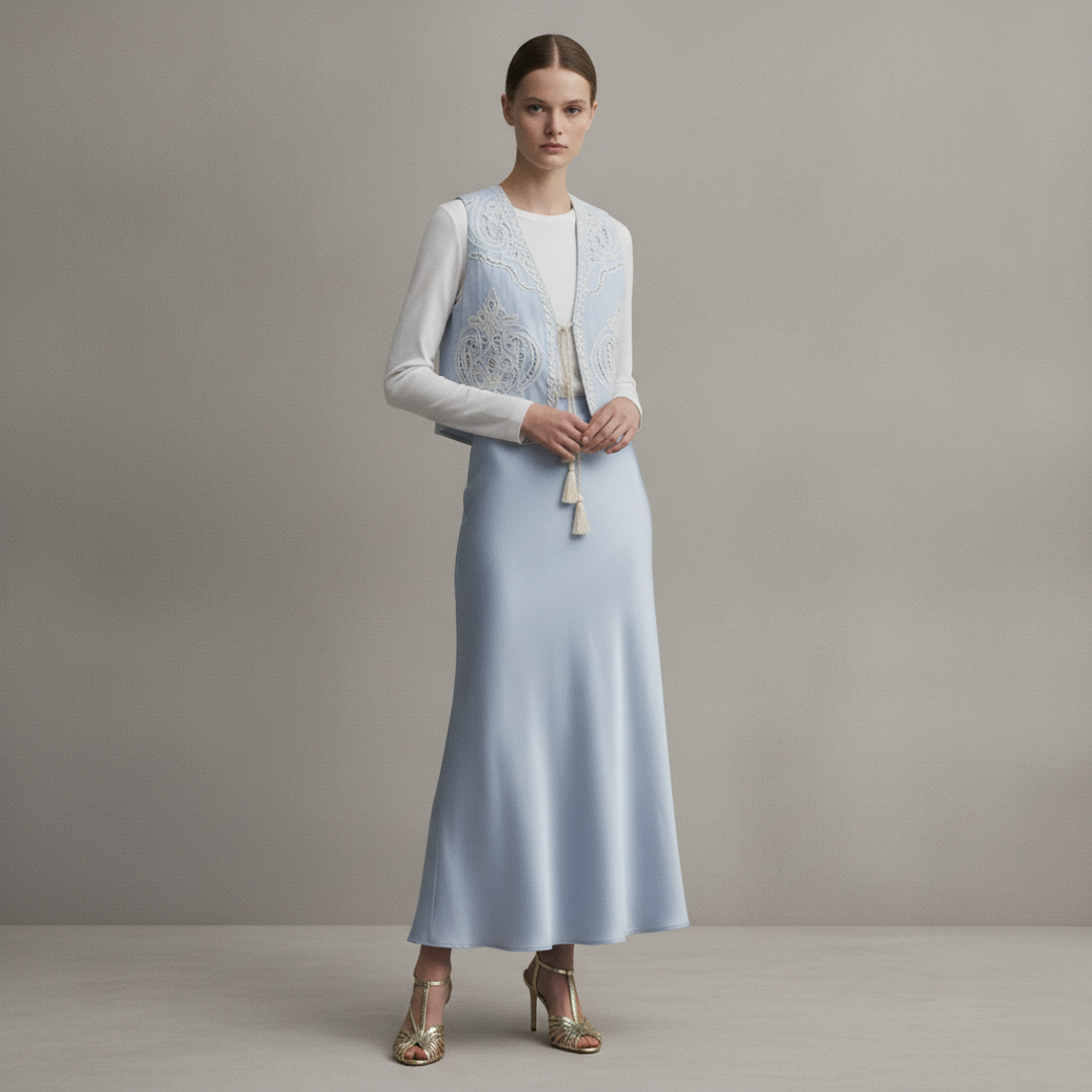 Abardsion Long Sleeve Fitted + LINEN-BLEND VEST WITH EYELET + LionessHalcyon Maxi Skirt + Hannie Slingback Sandal