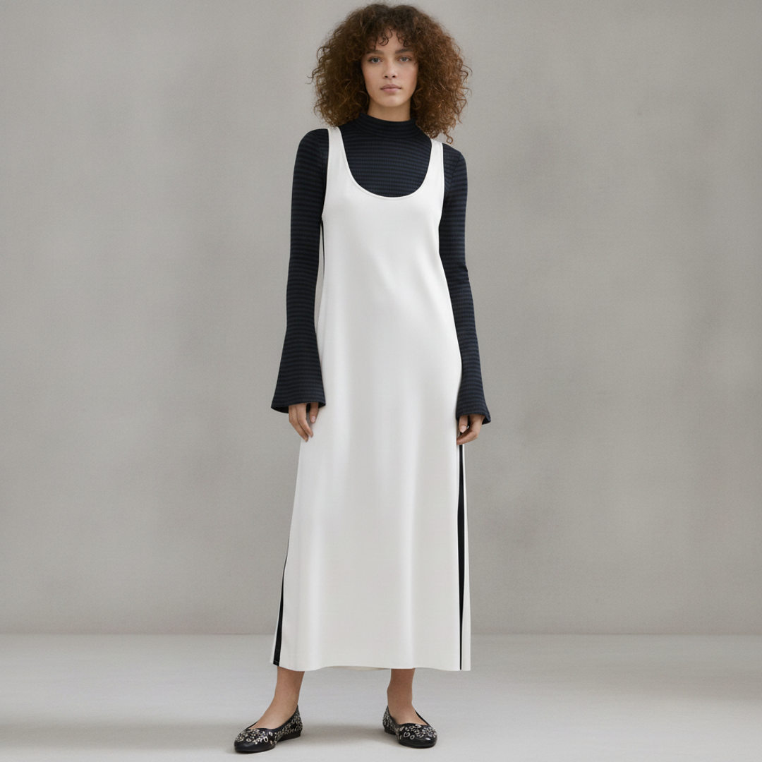 Vintage Stripe Bell Sleeve + Two-tone satin dress + Chelsea Leather Ballet Flat