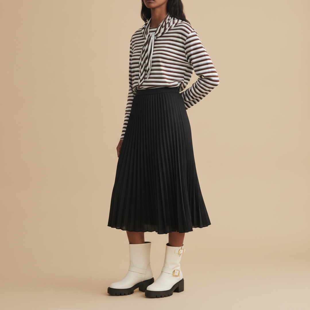 Long-Sleeved Scarf-Collar Top + Pleated Midi Skirt + Soho Moto Leather Bootie