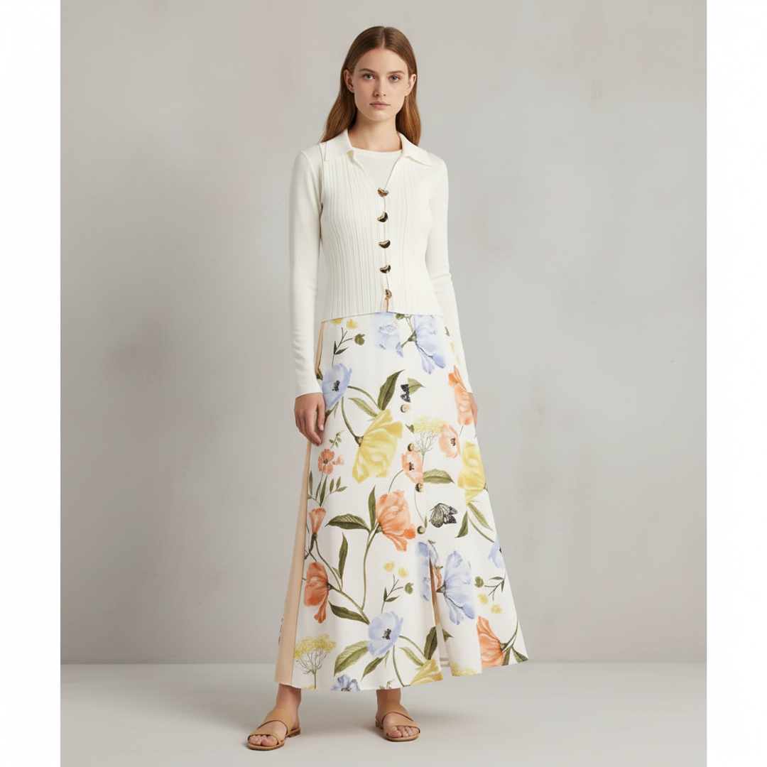 Abardsion Long Sleeve Fitted + Button Front Sweater Vest + Floral Button Flare Midi