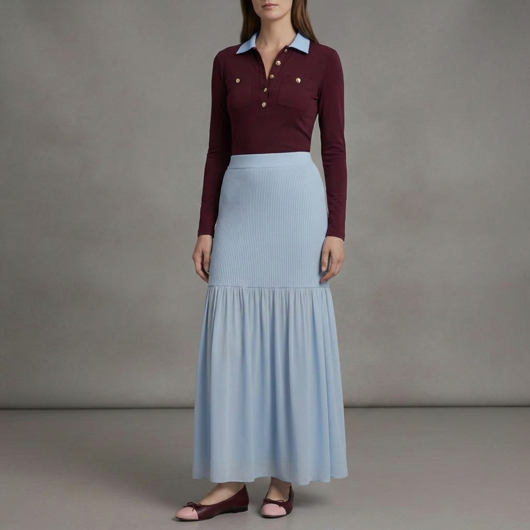 Contrast Collar Henley Top + Halie Mixed Media Maxi + Kit Burgundy/Pink Cap-Toe Ballet