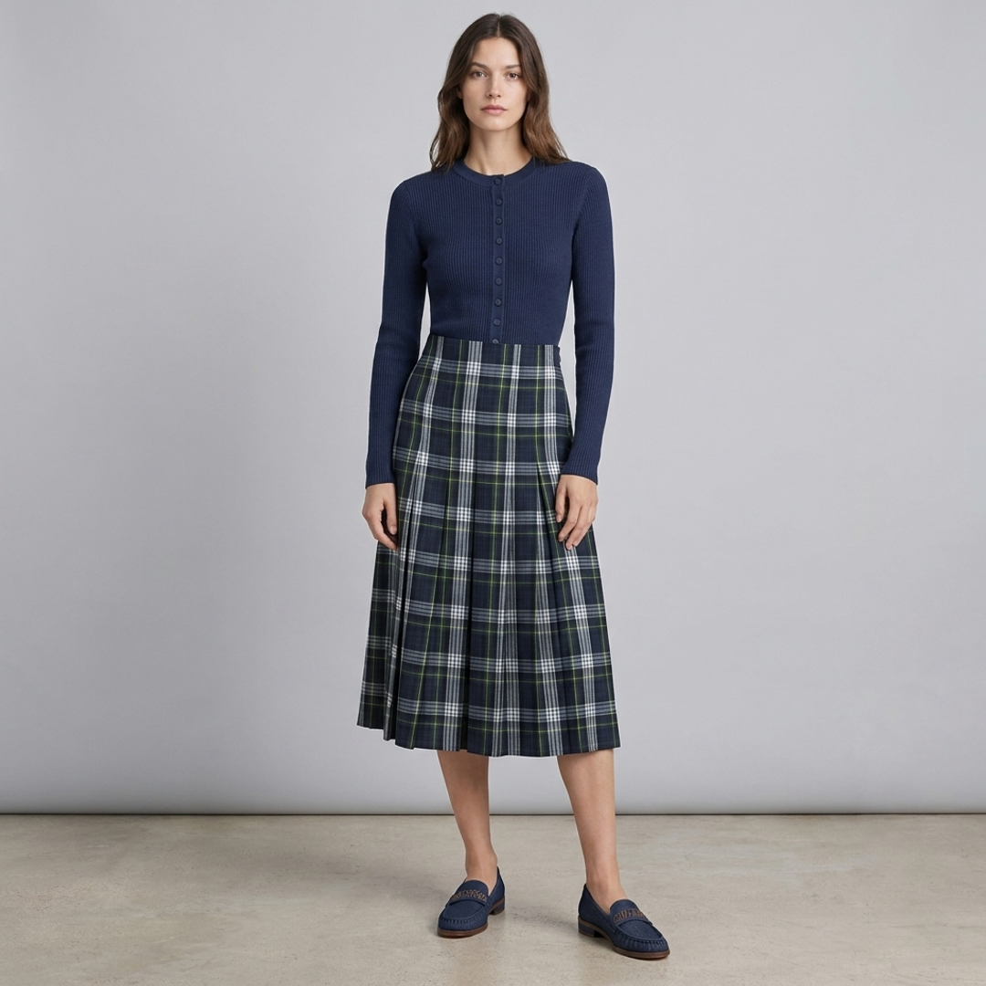 Flat Button Rib Cardigan + Shilo Pleated Midi Skirt + Gretta Amour Denim Loafer
