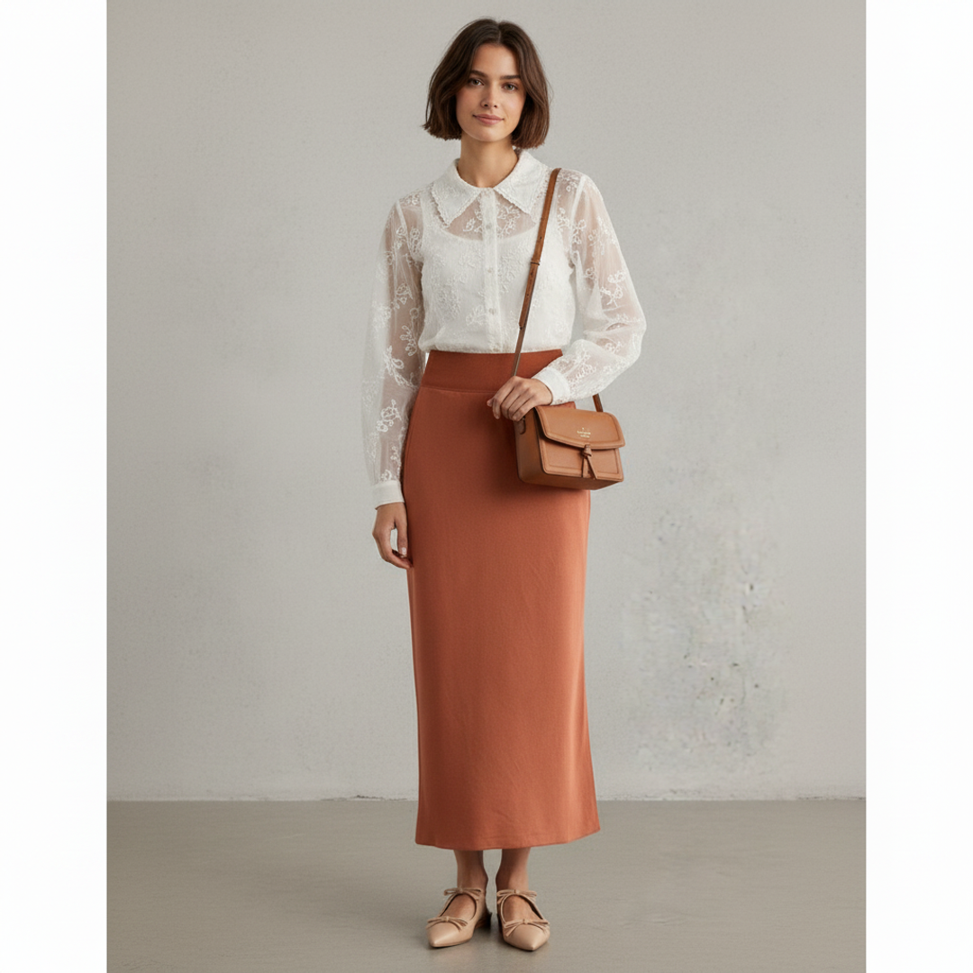 Embroidered Long Sleeve Top + Lewie Maxi Skirt + Reese Flat + Knott Mini Crossbody Bag