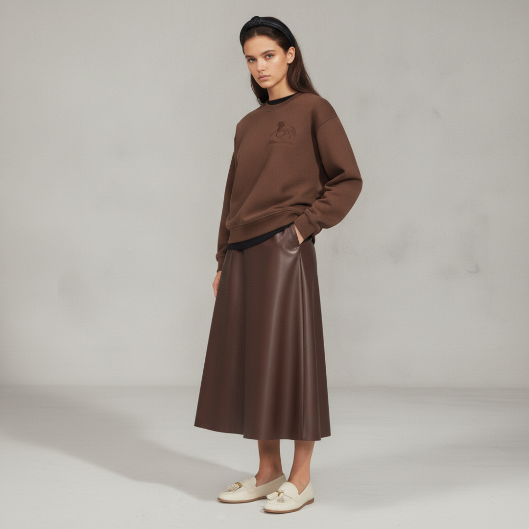 Horse Crewneck + Faux Leather A-Line Maxi + Franco Sarto Leather Carita