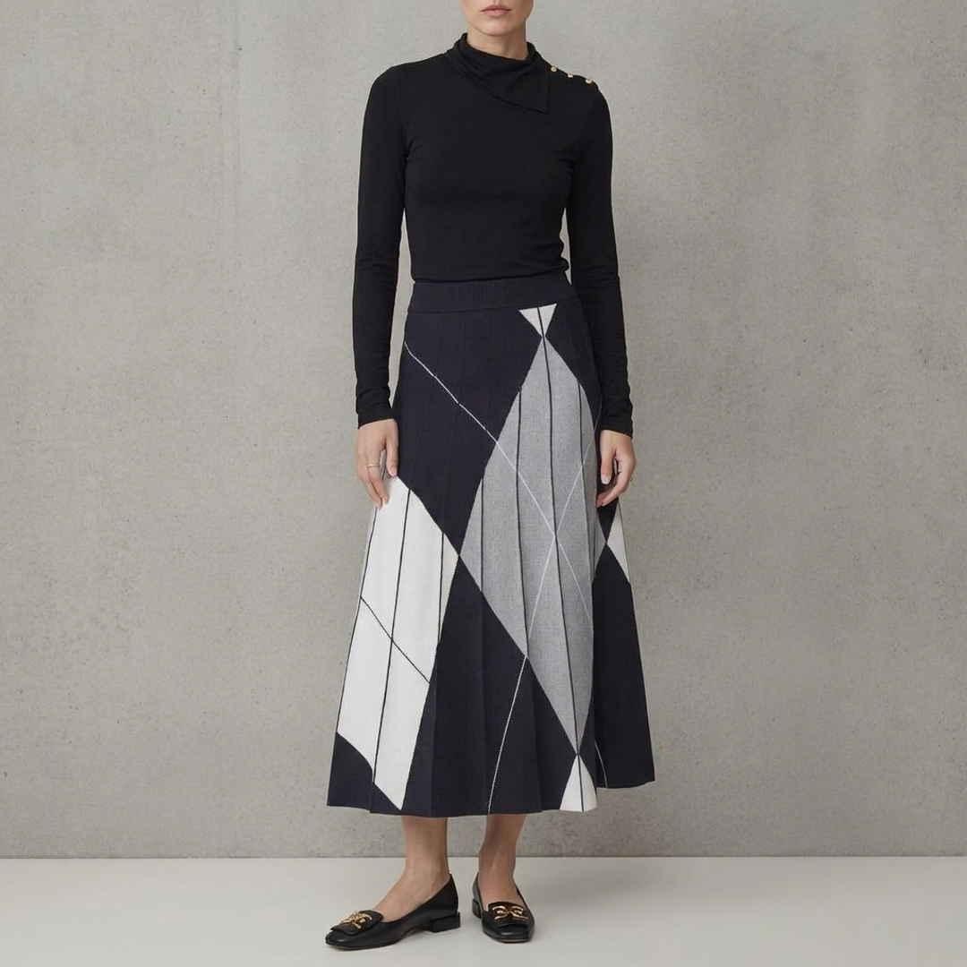 Button-Detail Mock Turtleneck Top + Pleated Argyle Jacquard Sweater + Emina Square Toe Flat