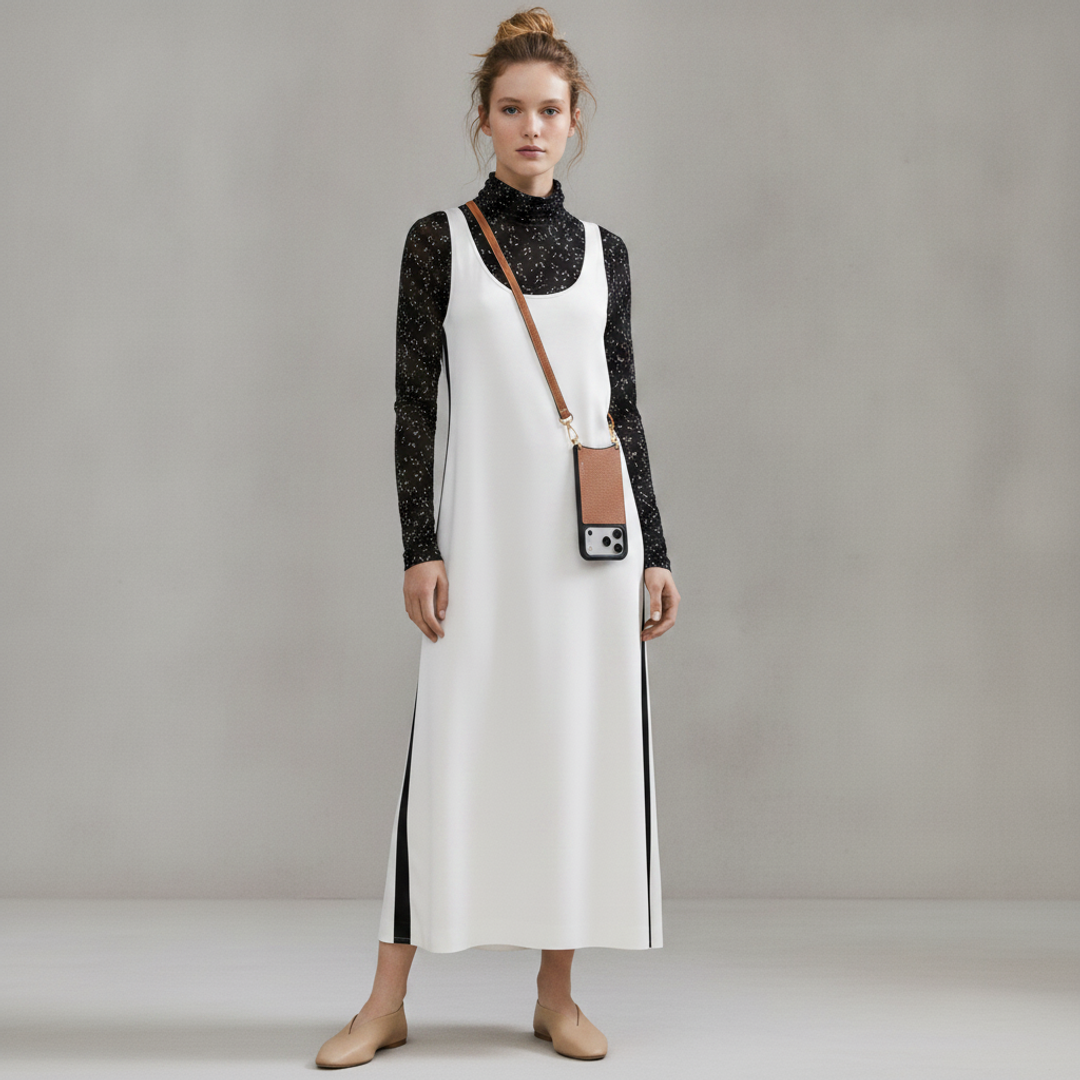 Amazon Essentials Long-Sleeve Turtleneck + Two-tone satin dress + Remi Magnet Wallet Crossbody