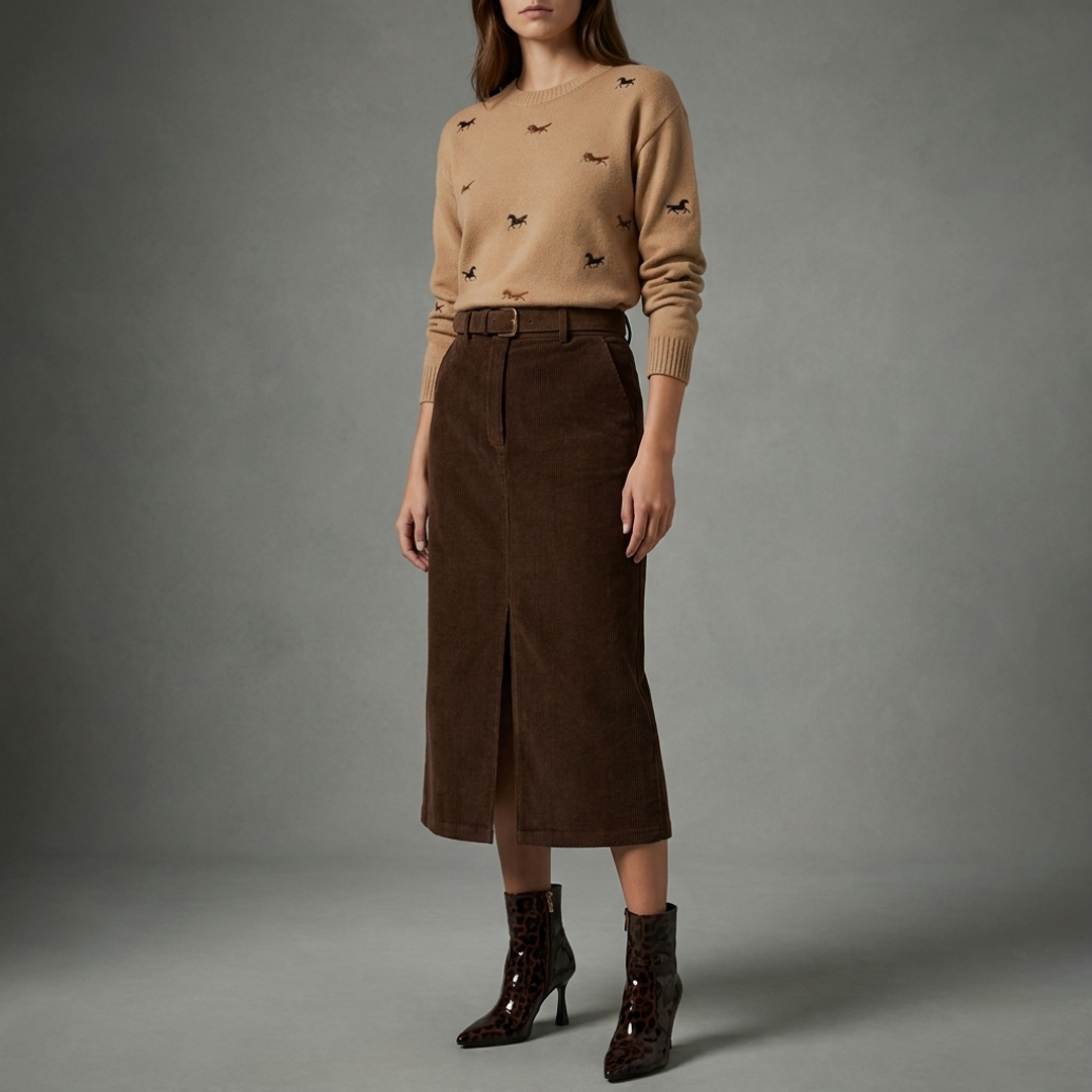 Mckay Sweater + Rielle Corduroy Pencil Skirt + Stuart Supersculpt Zip Bootie