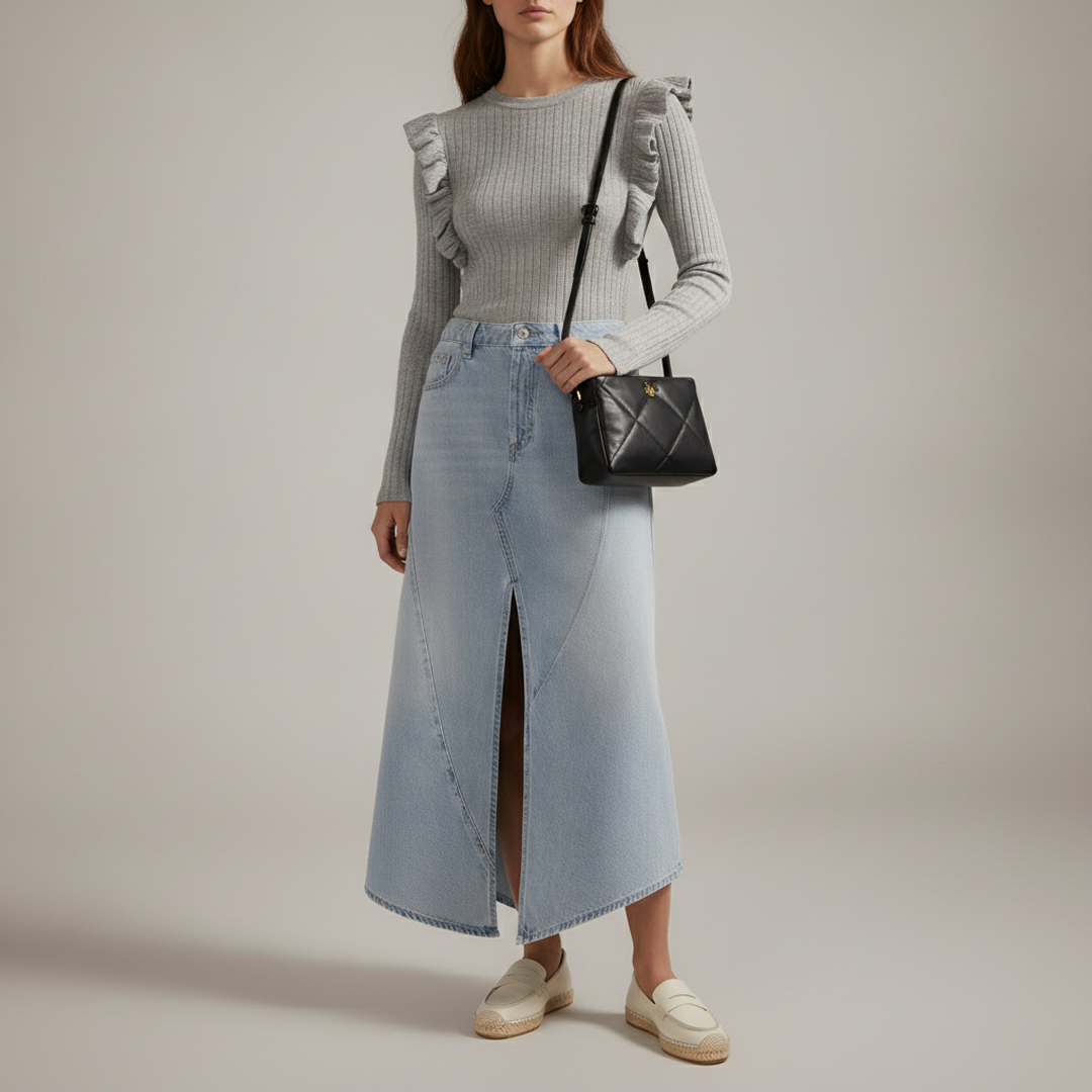 Ruffle-Shoulder Tee- Heather Gray + We The Free Aquarius + Kai Penny Loafer + Kira Diamond Quilt Crossbody