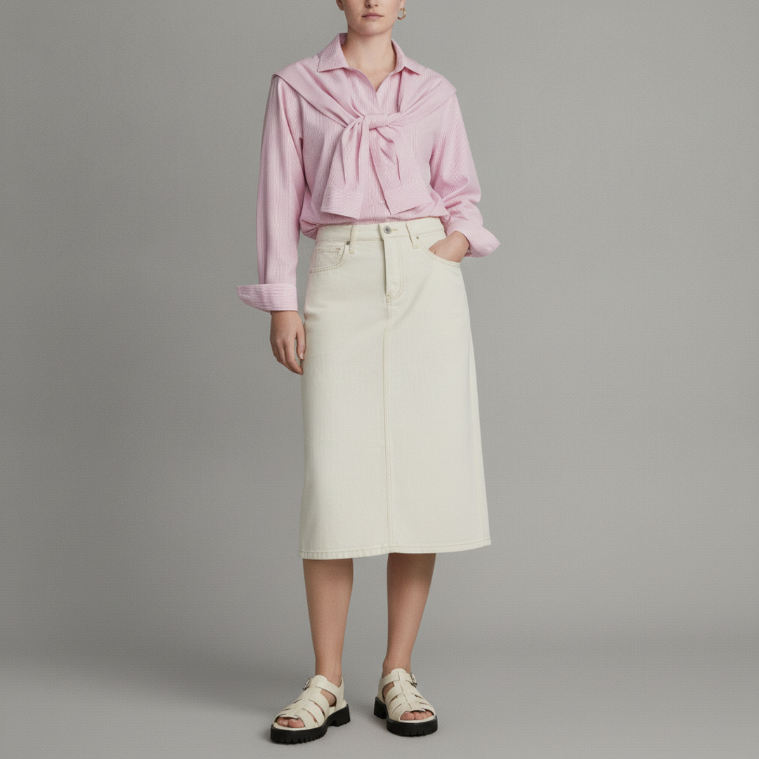 KBB by KAHLANA Women's + High Rise Denim Skirt + Italian Leather Lug Sole