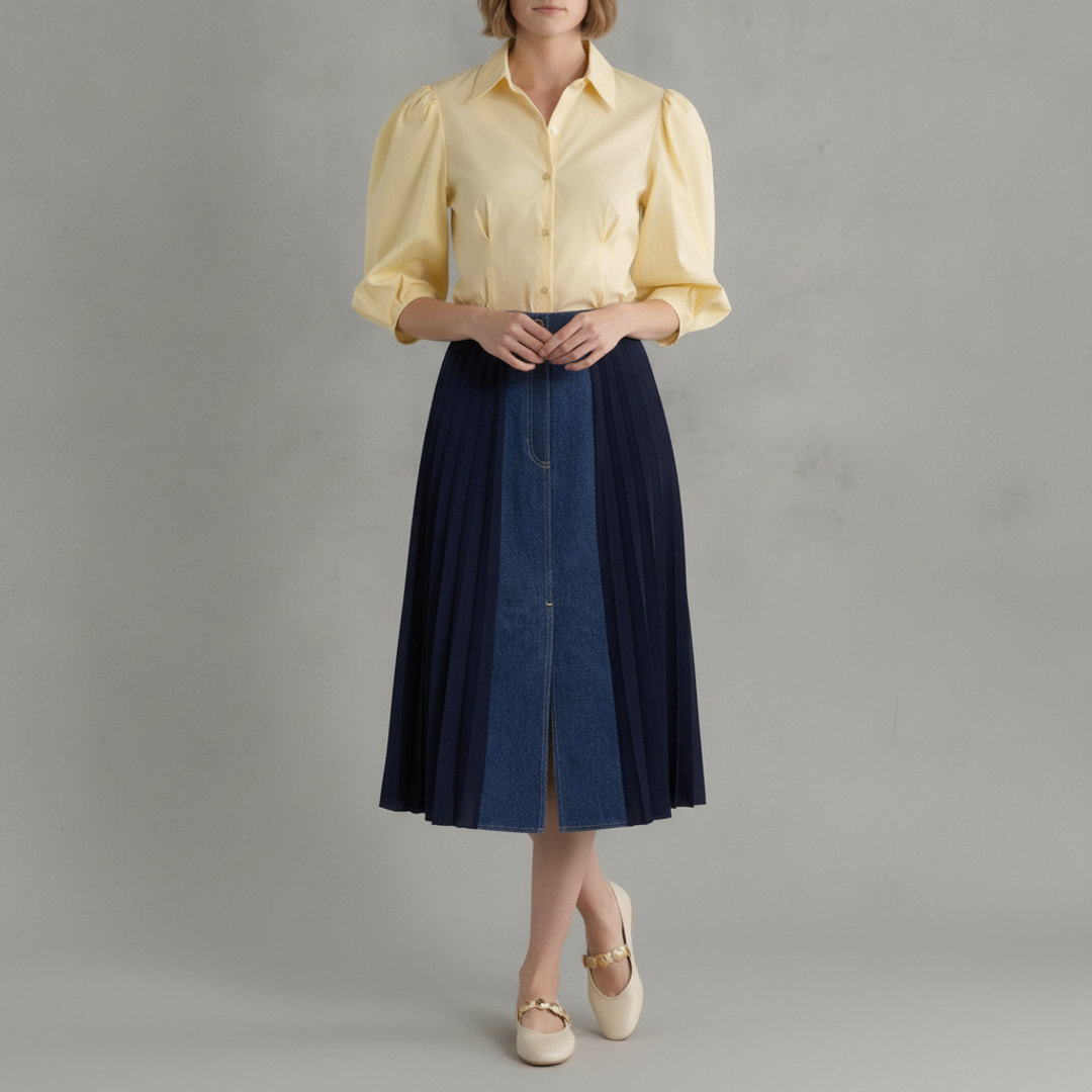 Three-Quarter Sleeve Pleated Waist + SANDRO Denim-paneled crepe midi + Relan Mary Jane Ballet