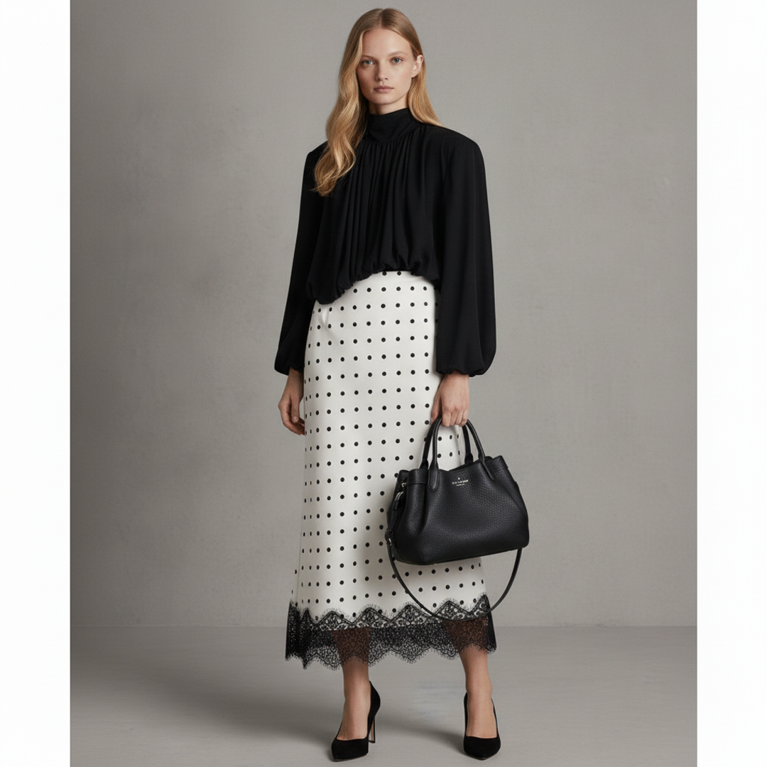 Leyajedol Satin Lace-Trim Half + BUBBLE-HEM SHOULDER-PAD TOP + Dumpling Large Satchel Bag