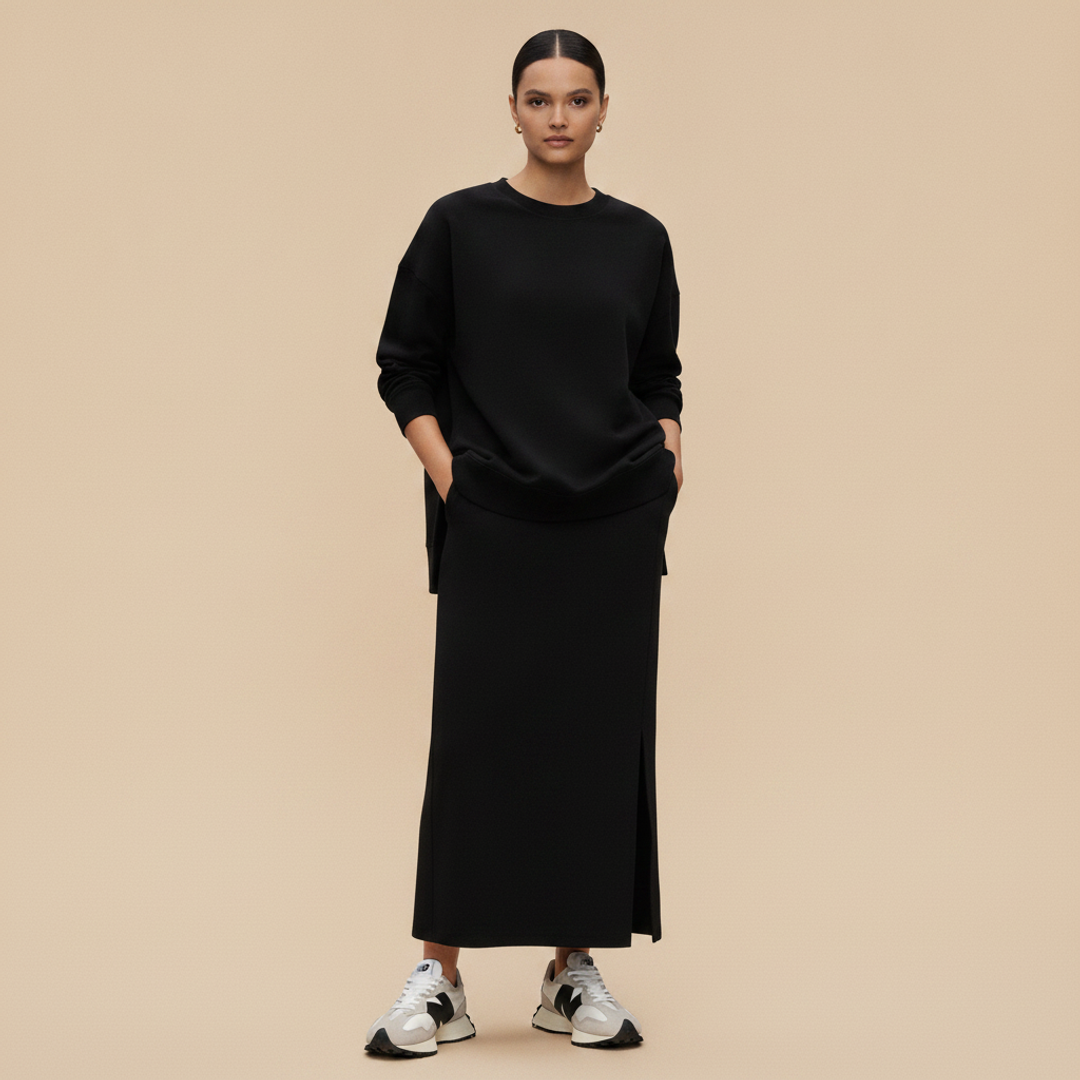 SoComfy Relaxed Tunic Sweatshirt + High-Waisted Bounce Fleece Maxi + Women's 327 Sneakers from