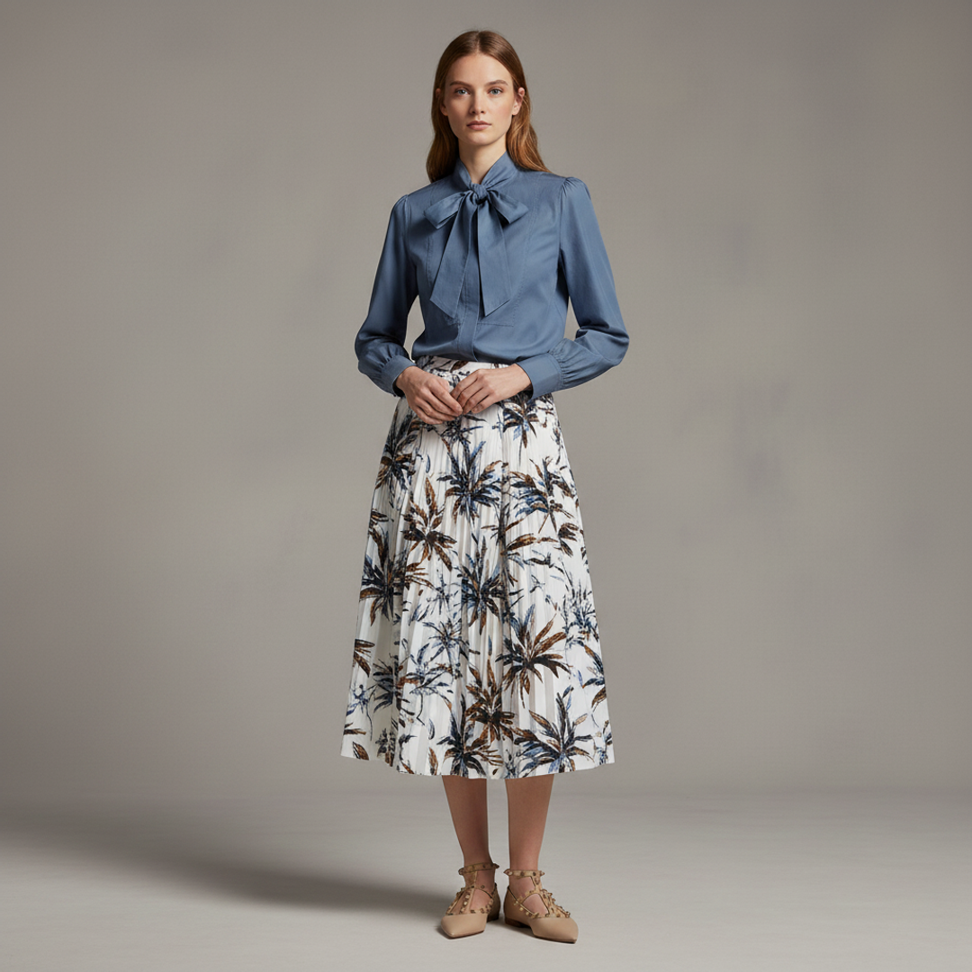 Majah Tie Neck Long + Palm Print Pleat Midi