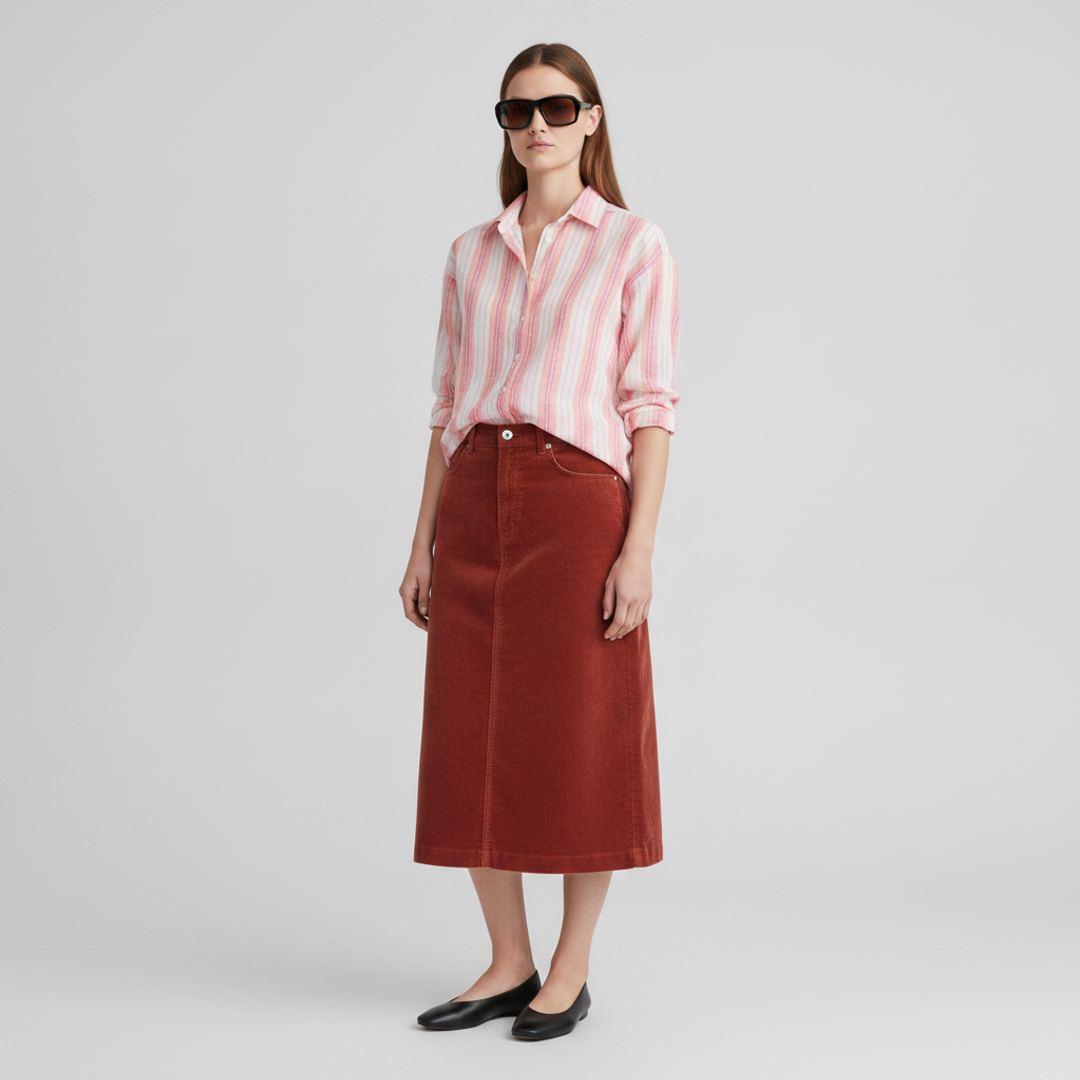 Striped Linen Cotton Everyday + Pocket Midi Skirt- Cherry + Ballet Flat + Lou & Grey Rectangular