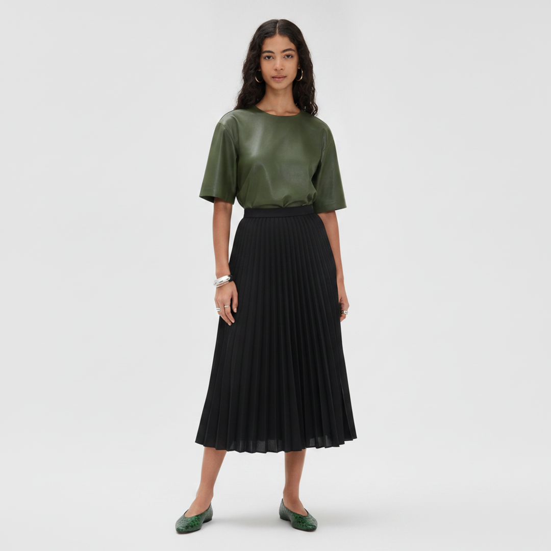 LE BOPCaroline Faux Leather + Pleated Midi Skirt + Steve Madden Swanky Ostrich