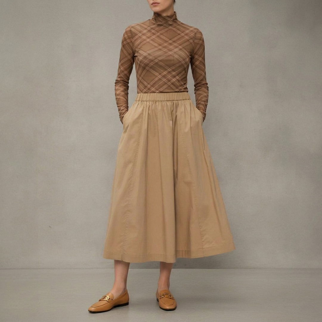 Mesh Plaid Printed Mock + Poplin Midi Skirt + TOD'S Tan Loafers