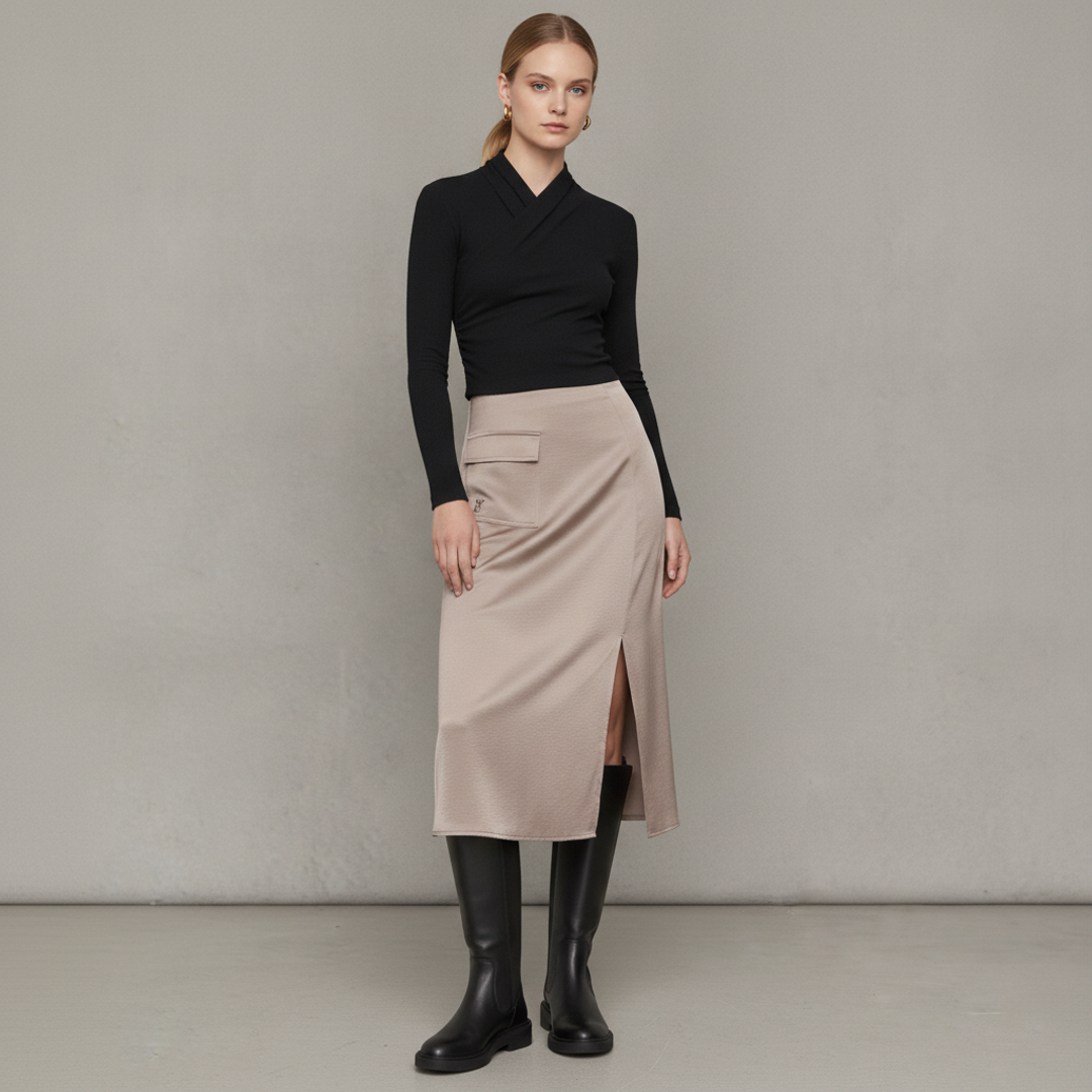 Yael Top- Black + DKNY Midi Skirt + Anabelle Boot