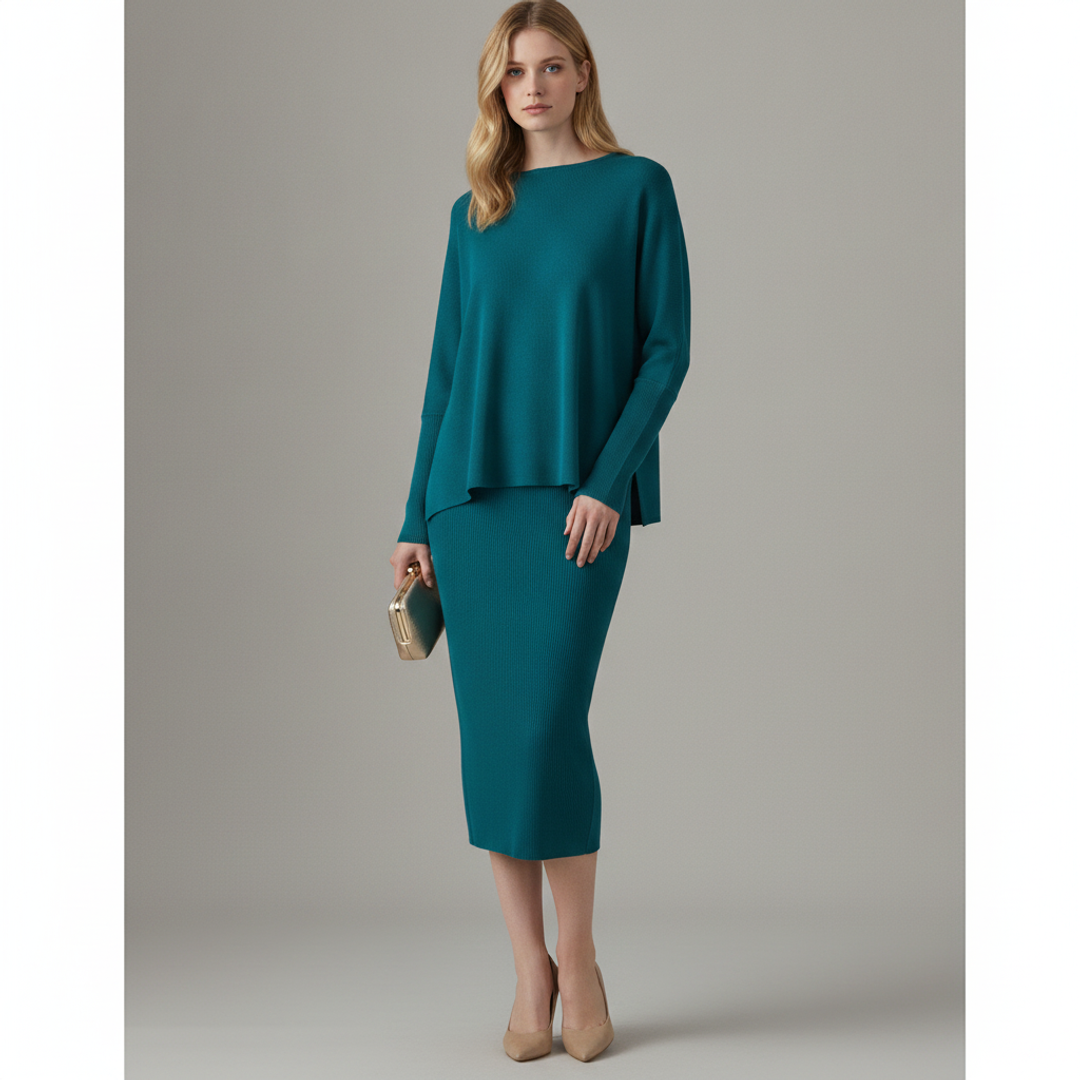 Dolman Sleeve Ribbed Top + Straight Ribbed Skirt -