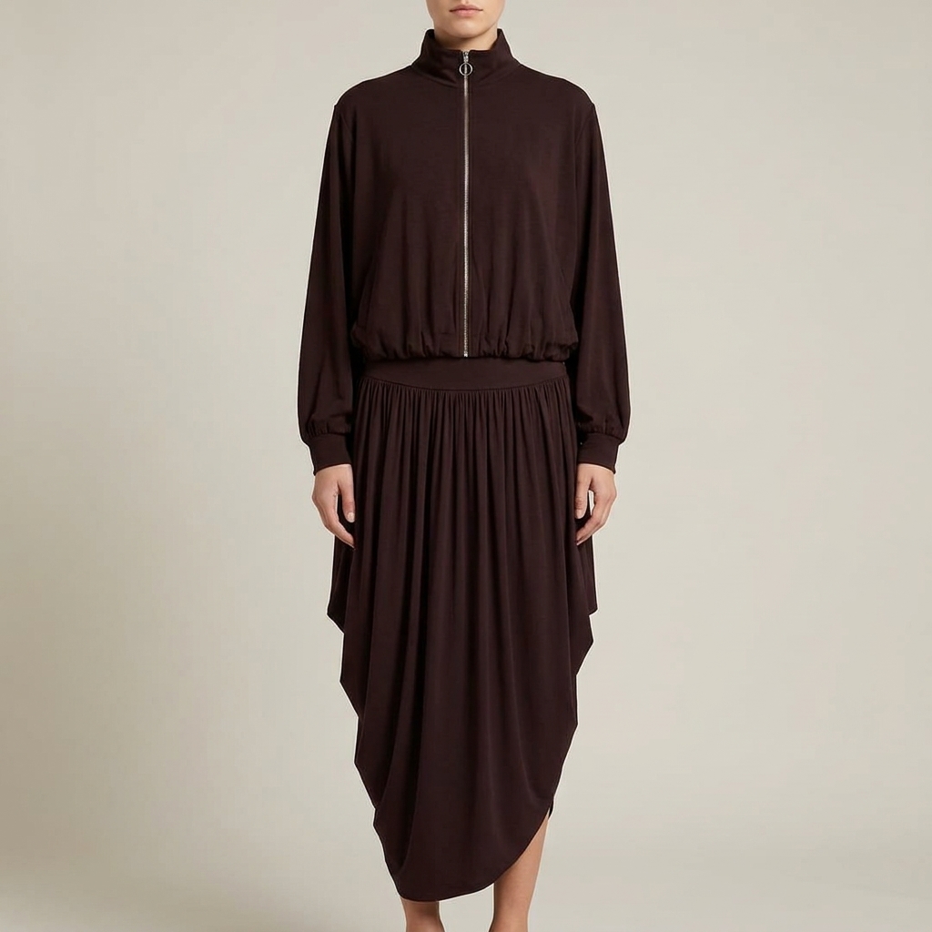 ASOS DESIGN brown draped skirt and zip-top outfit