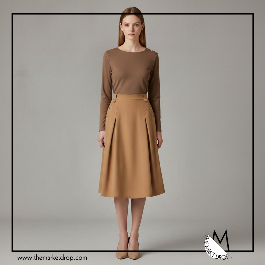 High Waist Pleated Midi Skirt with long sleeve buttong shirt