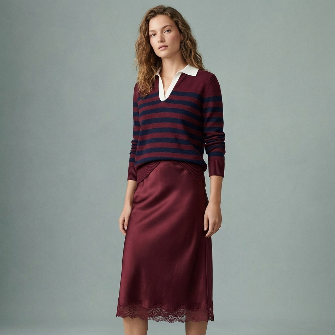 Sweater-Polo in Cotton-Soft Blend + Vividmosaic Lace-trim Midi Satin
