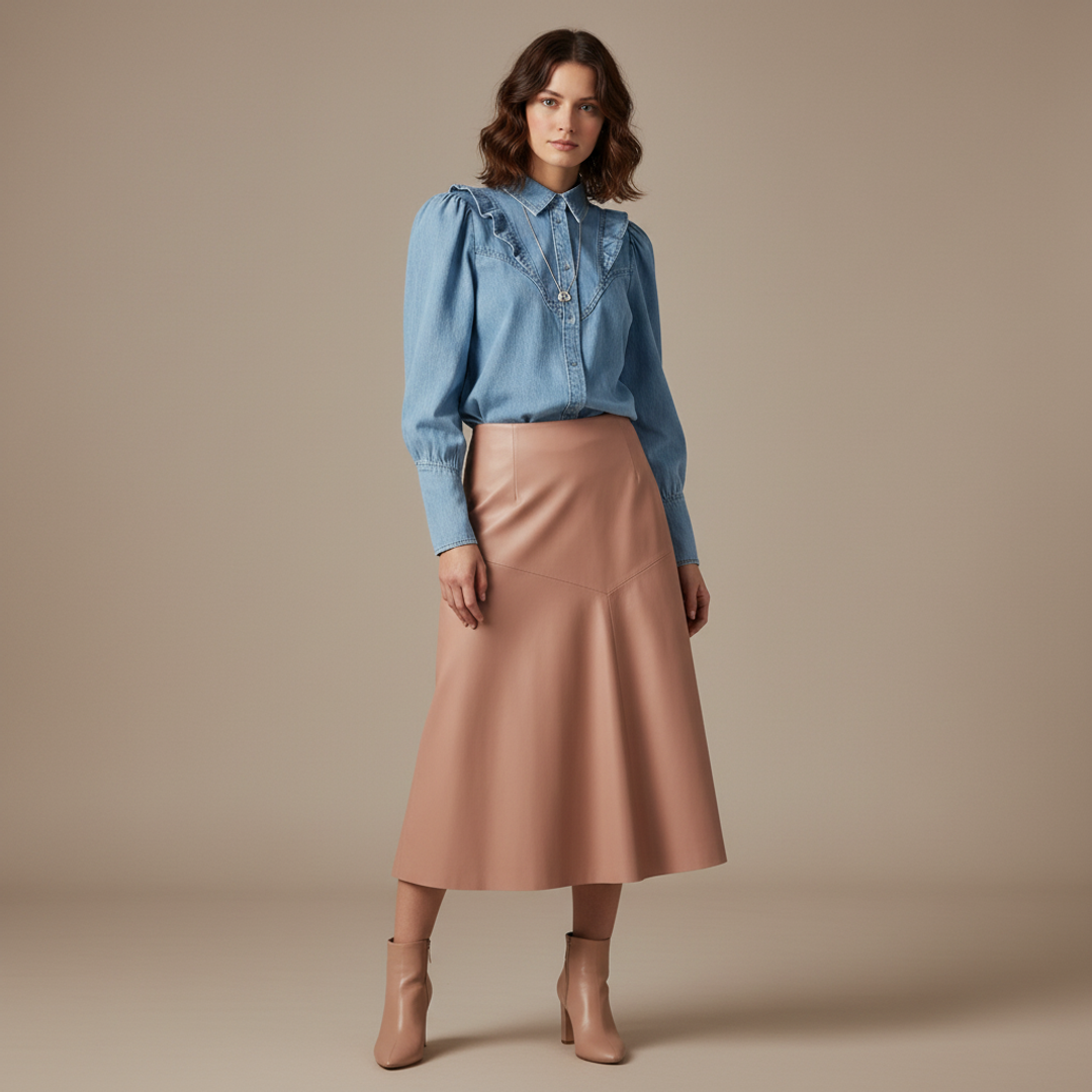 Ruffle Chambray Shirt + Supersoft Faux Leather Geo