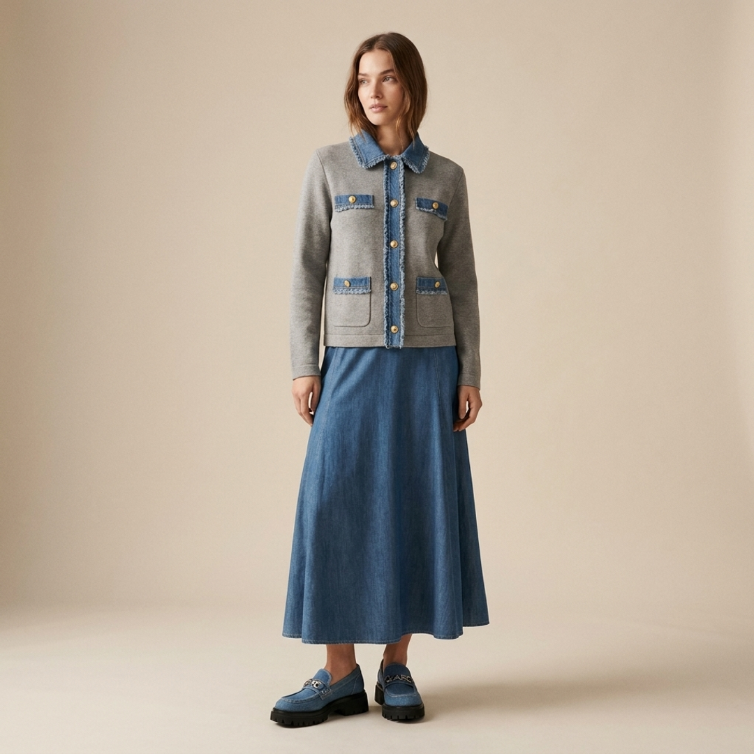 Velvet Heart Antonia Jacket + Chambray Godet Midi Skirt + The Faded Denim Frankie