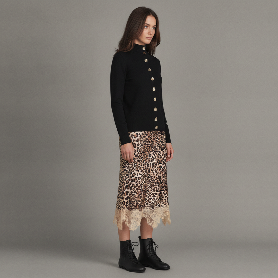 Lunella Zaniah Black Turtleneck + Eilinna Leopard Print Lace + Perroquet Black Teen Leather