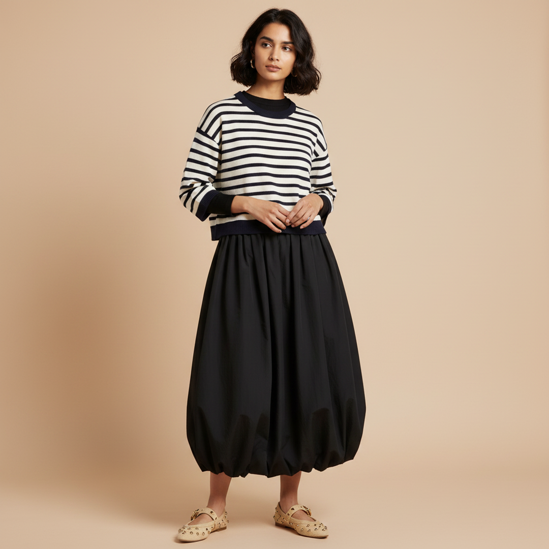Women's Navy blue/striped Knit + Bubble Maxi Skirt + Mikel Stud Ballet Flats