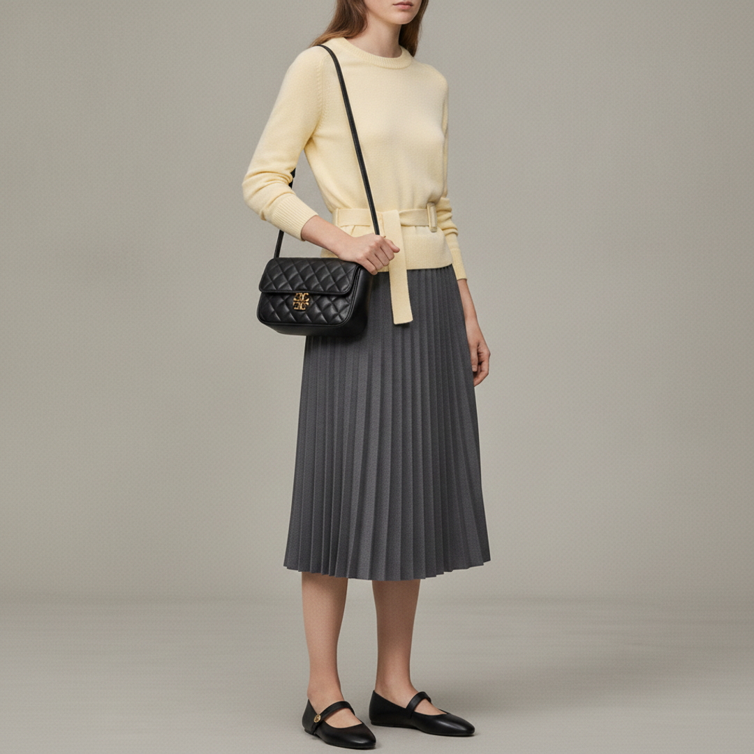 KNIT JERSEY WITH BUCKLE + Pleated Skirt + DOUBLE T BUCKLE MARY + KIRA DIAMOND QUILT CROSSBODY
