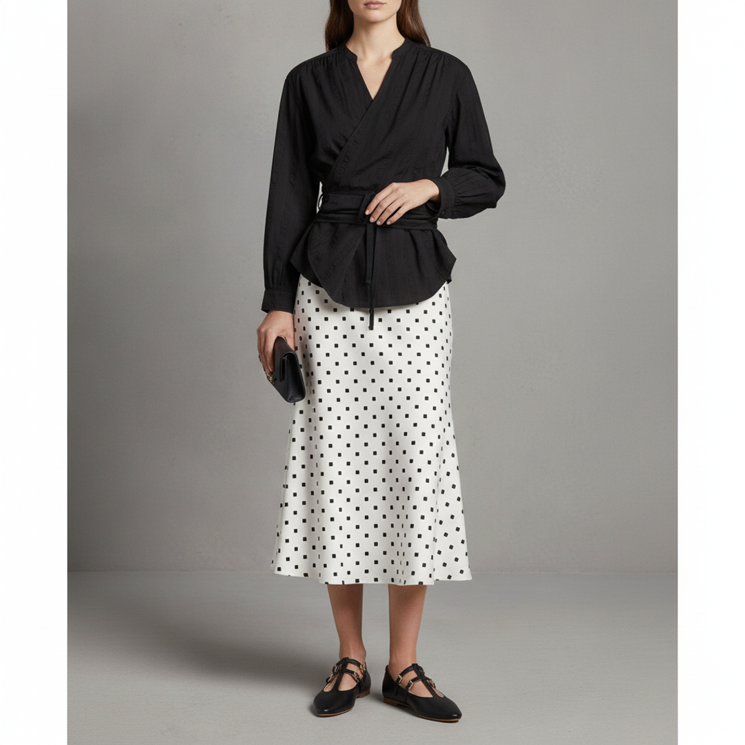 Wrap top in striped + Midi Silk Polka Dot + Sophia Black Double T-Strap